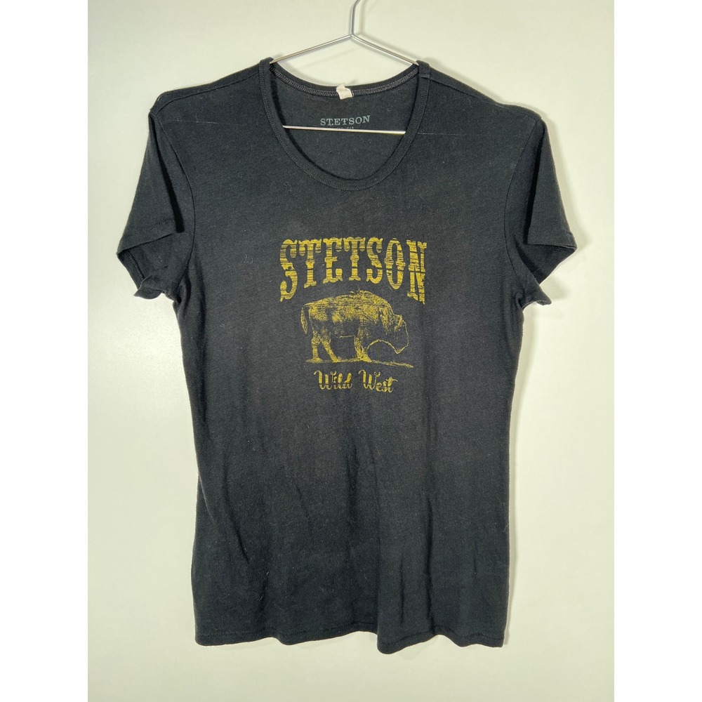 Stetson Wild West Buffalo Graphic T-Shirt Black Western Boho Distressed Large